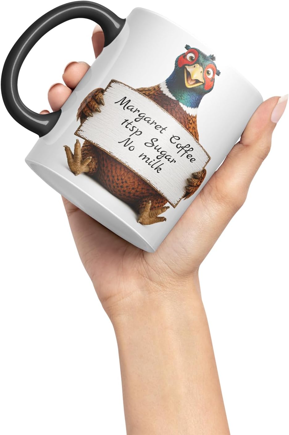 Vixar Personalised Pheasant Mug with Name or Custom Message – Cute Animal Coloured Ceramic Mug Cup Gift, 11oz (Black)