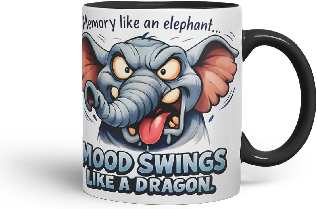 Vixar Memory Like an Elephant Mood Swings Like A Dragon Funny Elephant Mug – Coloured Ceramic Mug Cup Gift, 11oz (Black)