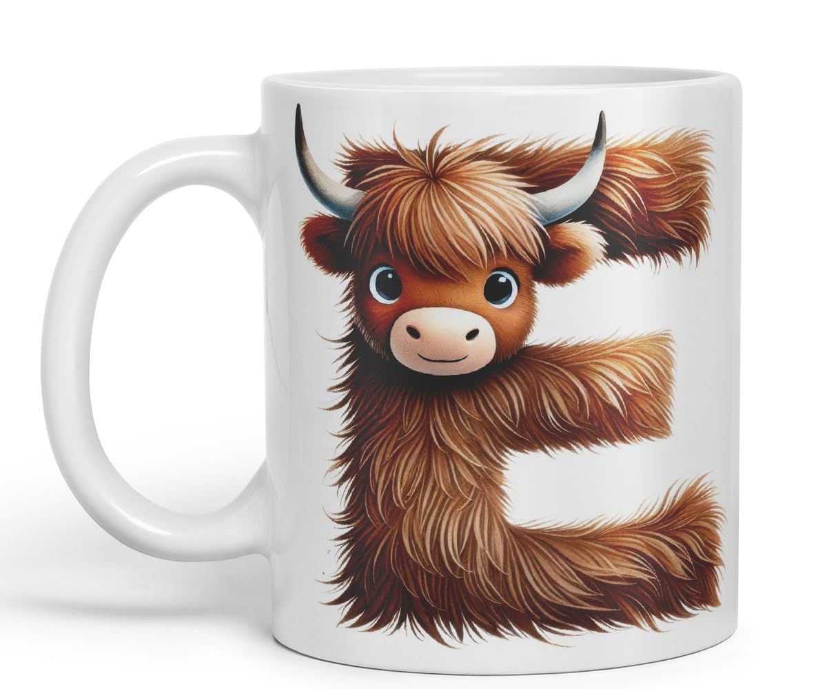Highland Cow Alphabet Monogram Coloured Ceramic Cup Mug Letter E Rustic Farmhouse Animal Letter Gift V2 11oz (Black)