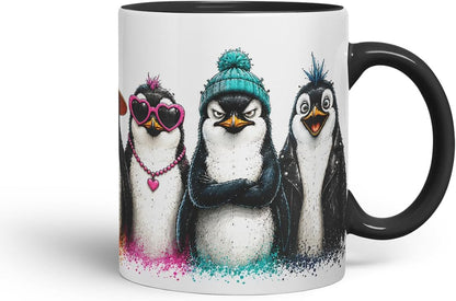 Penguin Mug – Cute Penguins Coloured Ceramic Mug Cup Gift, 11oz (Black)