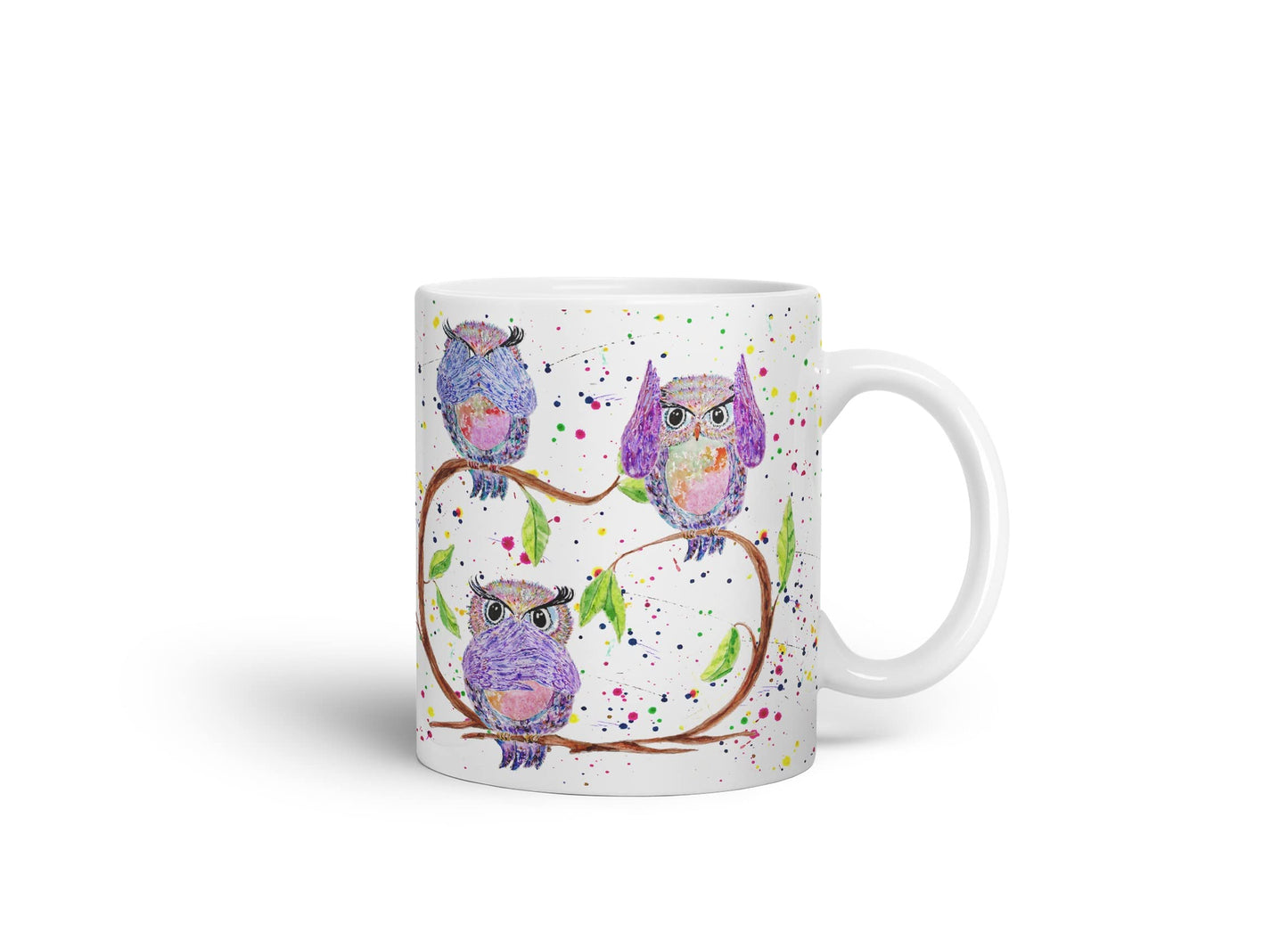 Vixar Owl Owls See Hear Speak no Evil Bird Animals Watercolour Art Coloured Mug Cup Gift Birthday Work Office Tea Coffee