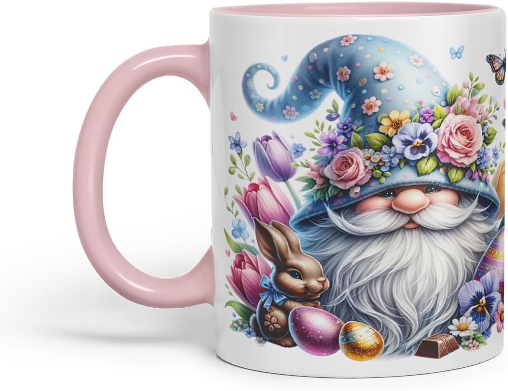 Vixar Easter Gnome Bunny Mug – Coloured Ceramic Mug Cup Gift, 11oz (Pink)