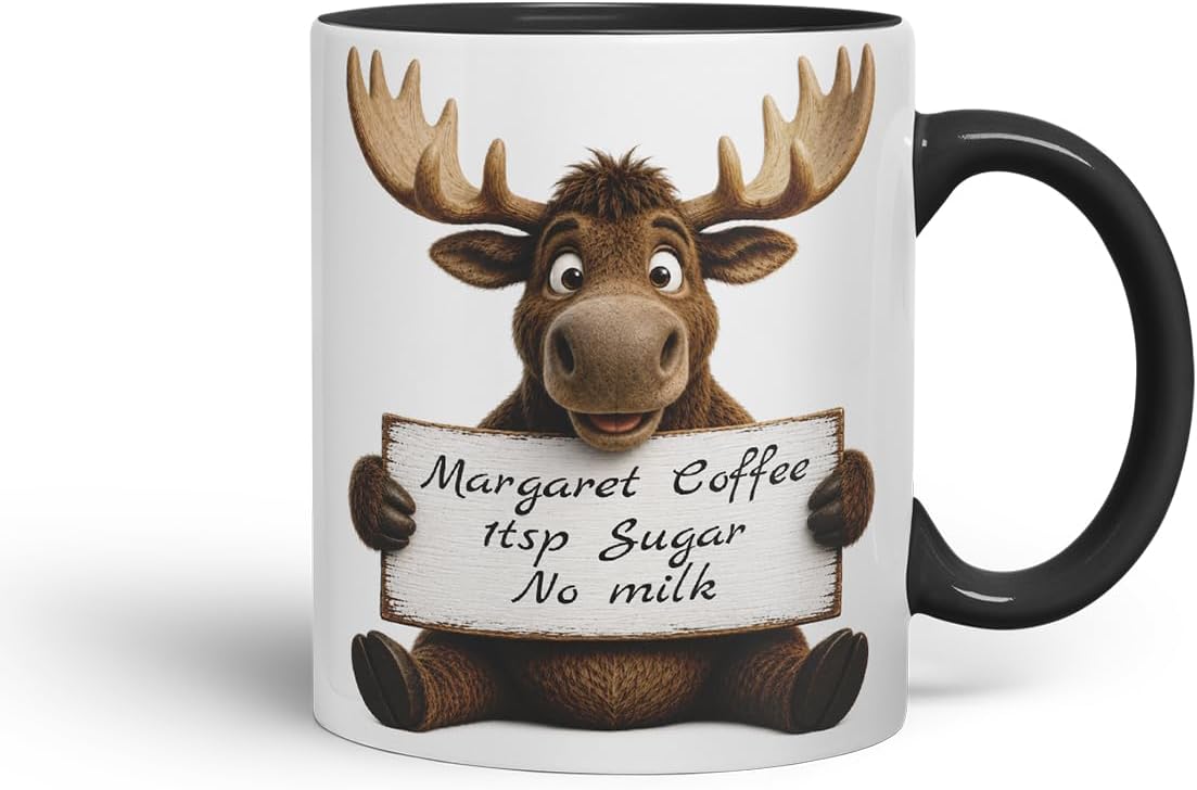 Vixar Personalised Moose Mug with Name or Custom Message – Cute Animal Coloured Ceramic Mug Cup Gift, 11oz (Black)