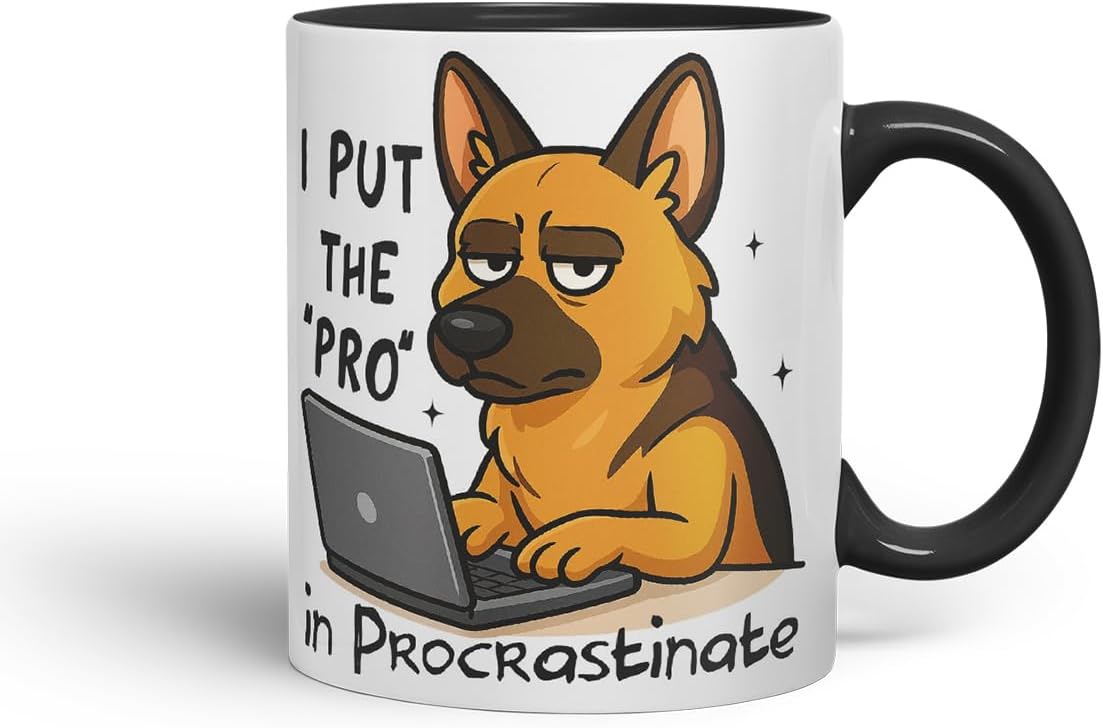 Vixar I Put The Pro in Procrastinate German Shepherd Dog Mug – Coloured Ceramic Mug Cup Gift, 11oz (Black)