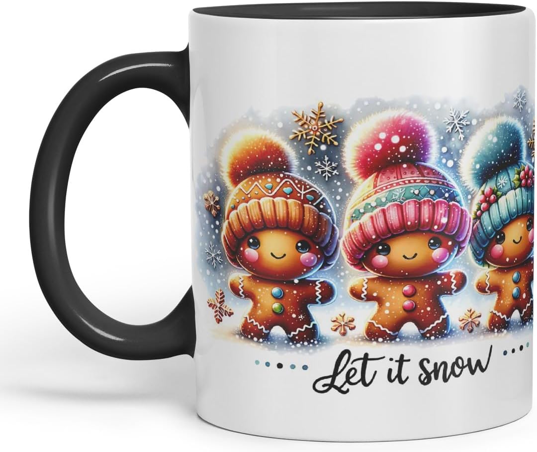 Vixar Let It Snow Cute Gingerbread Coloured Mug Cup Ceramic Christmas Winter Gift 11oz (Black)