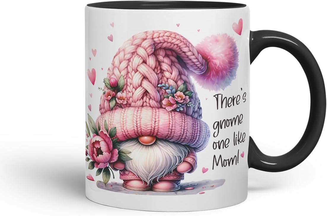 Vixar There's Gnome One Like Mom Cute Floral Gnome Mother Mum Mug – Coloured Ceramic Mug Cup Gift, 11oz (Black)