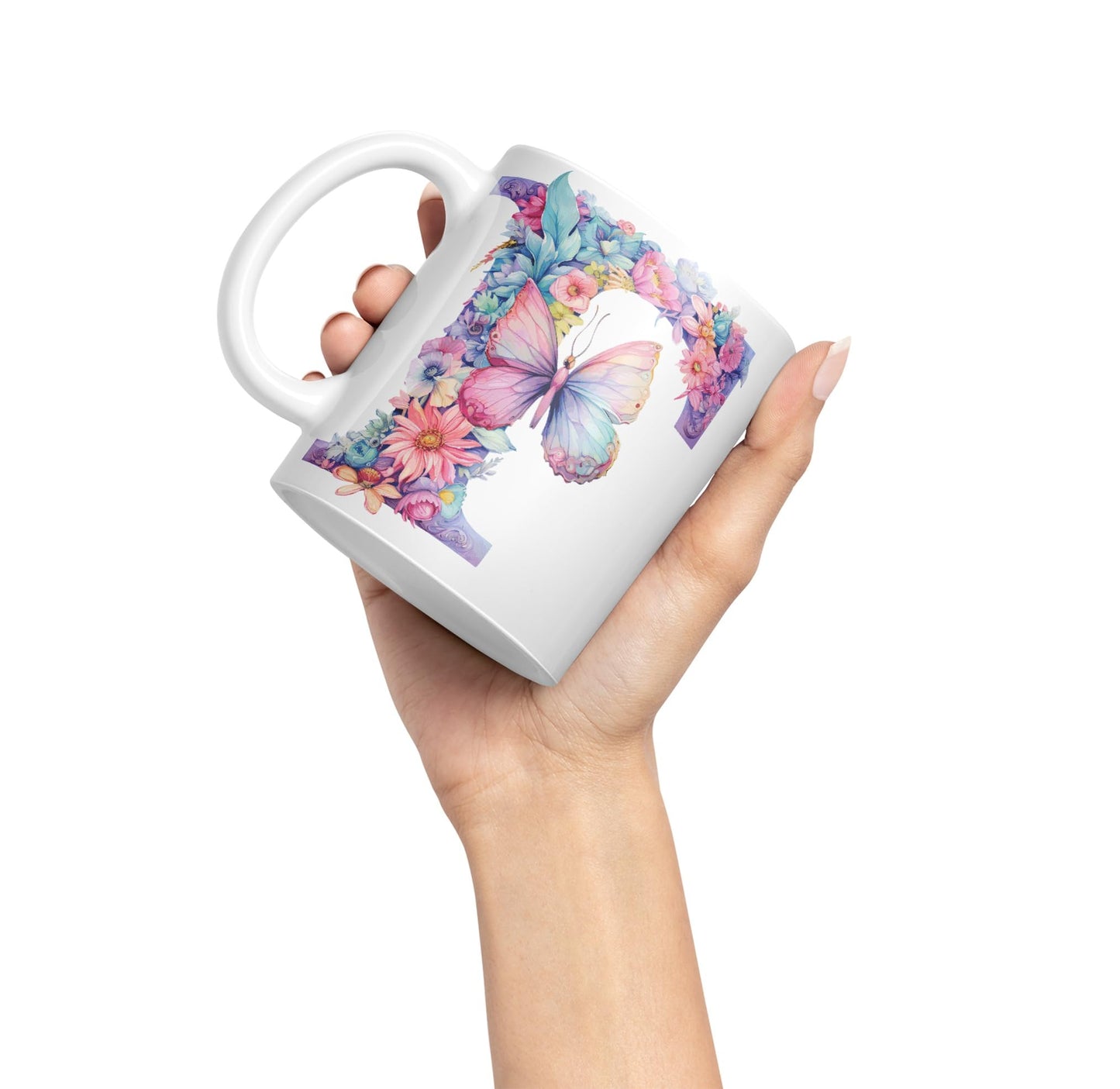 Letter F mug, Floral flowers butterfly Alphabet Letter F Monogram watercolour Ceramic Coloured Mug Cup for Tea Coffee Hot brew 330ml 11Oz Gift