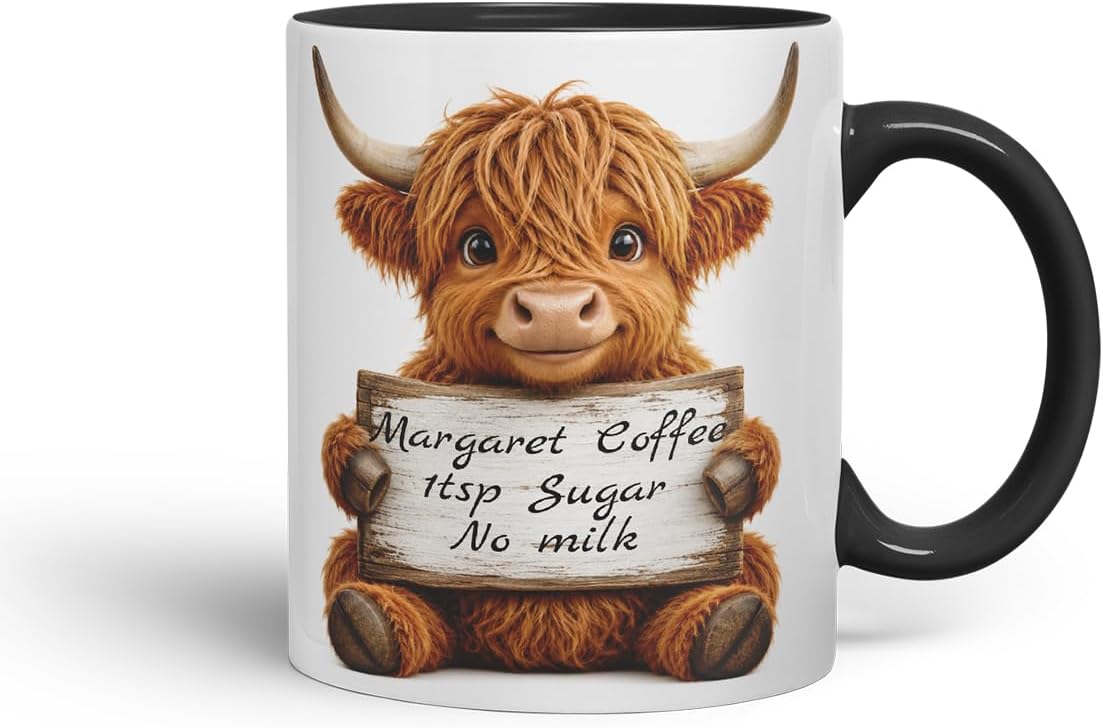 Vixar Personalised Highland Cow Mug with Name or Custom Message – Cute Animal Coloured Ceramic Mug Cup Gift, 11oz (Black)
