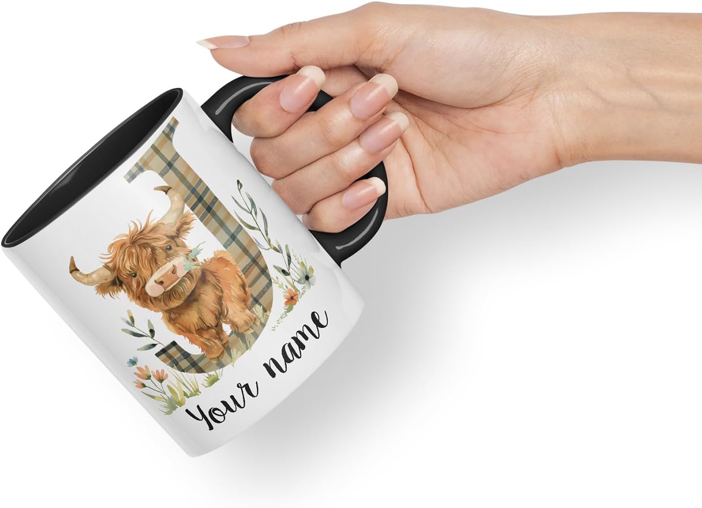 Vixar Personalised Highland Cow Initial Letter J Custom Name Mug – Coloured Ceramic Mug Cup Gift, 11oz (Black)