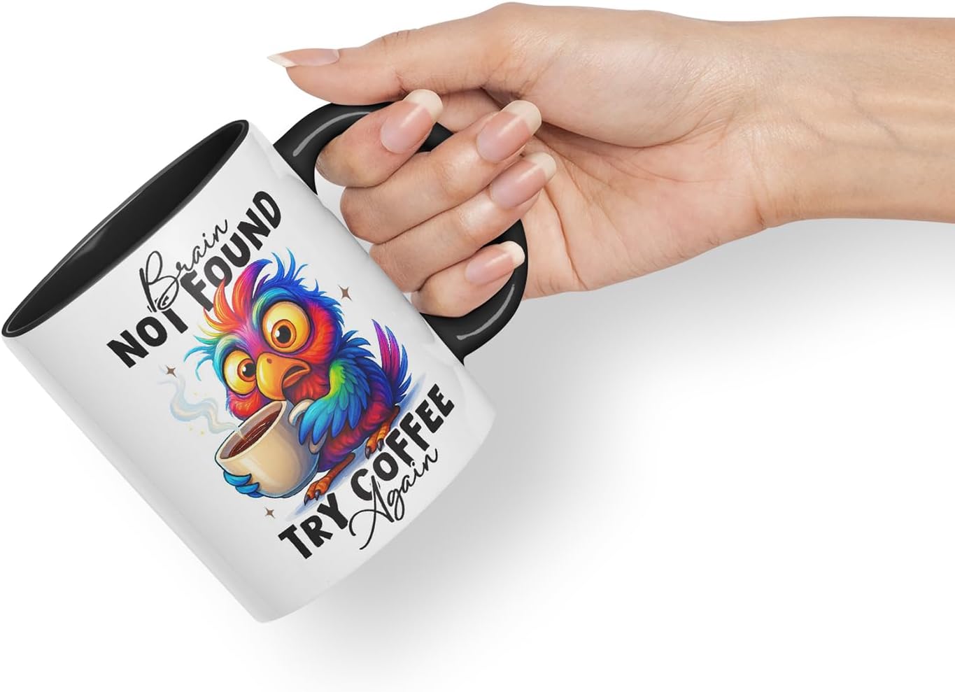 Vixar Brain Not Found Try Coffee Again Funny Bird Coffee Mug – Coloured Ceramic Mug Cup Gift, 11oz (Black)