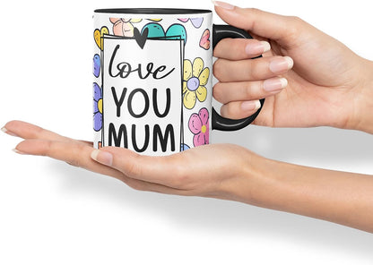 Vixar Love You Mum Colourful Flowers Mug – Coloured Ceramic Mug Cup Gift, 11oz (Black)