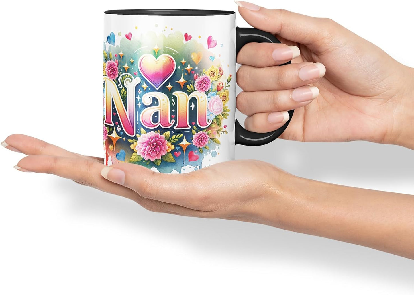 Vixar Nan Floral Watercolour Mug – Coloured Ceramic Mug Cup Gift, 11oz (Black)