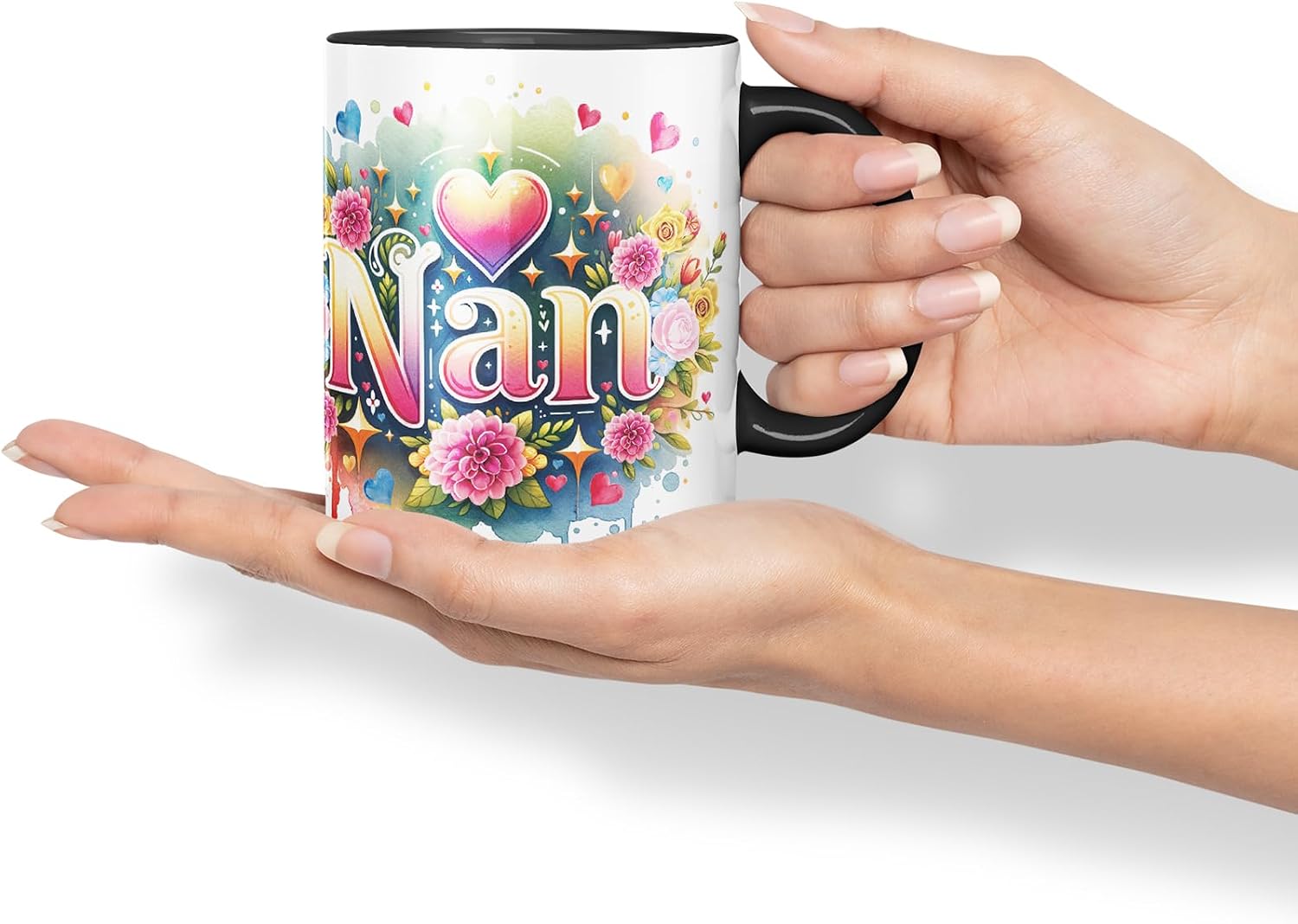 Vixar Nan Floral Watercolour Mug – Coloured Ceramic Mug Cup Gift, 11oz (Black)