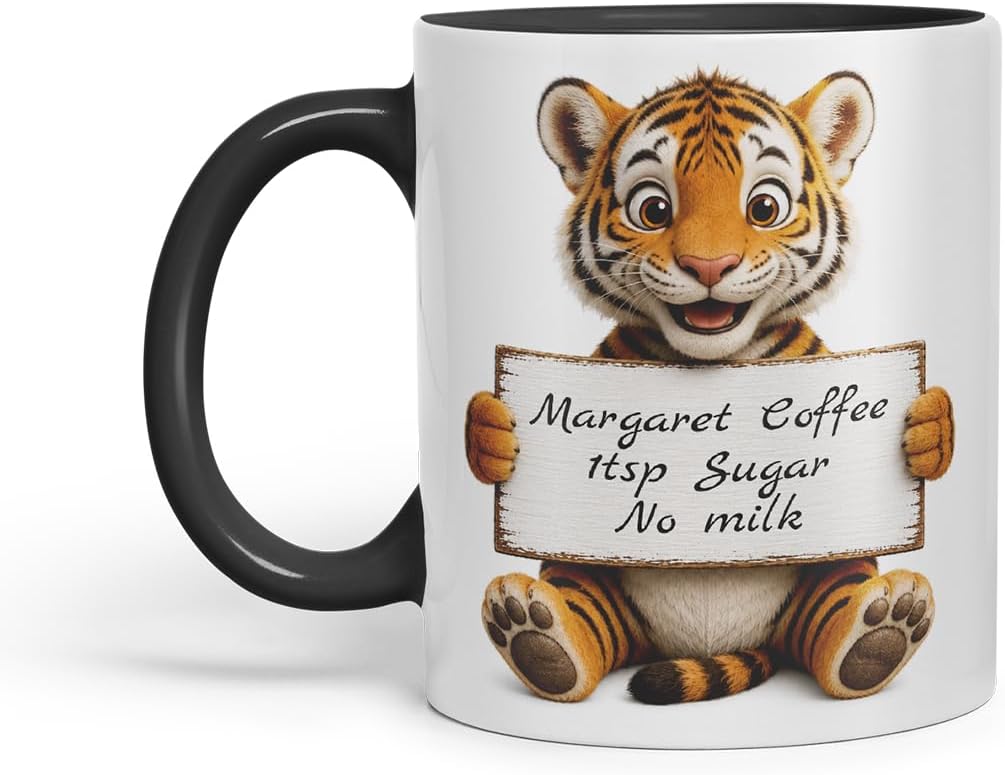 Vixar Personalised Tiger Mug with Name or Custom Message – Cute Animal Coloured Ceramic Mug Cup Gift, 11oz (Black)