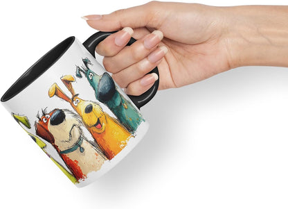 Vixar Funny Colourful Pet Dog Friends Design – Cute Dog Character Mug for Dog Lovers, Coloured Mug Cup Gift, 11oz (Black)