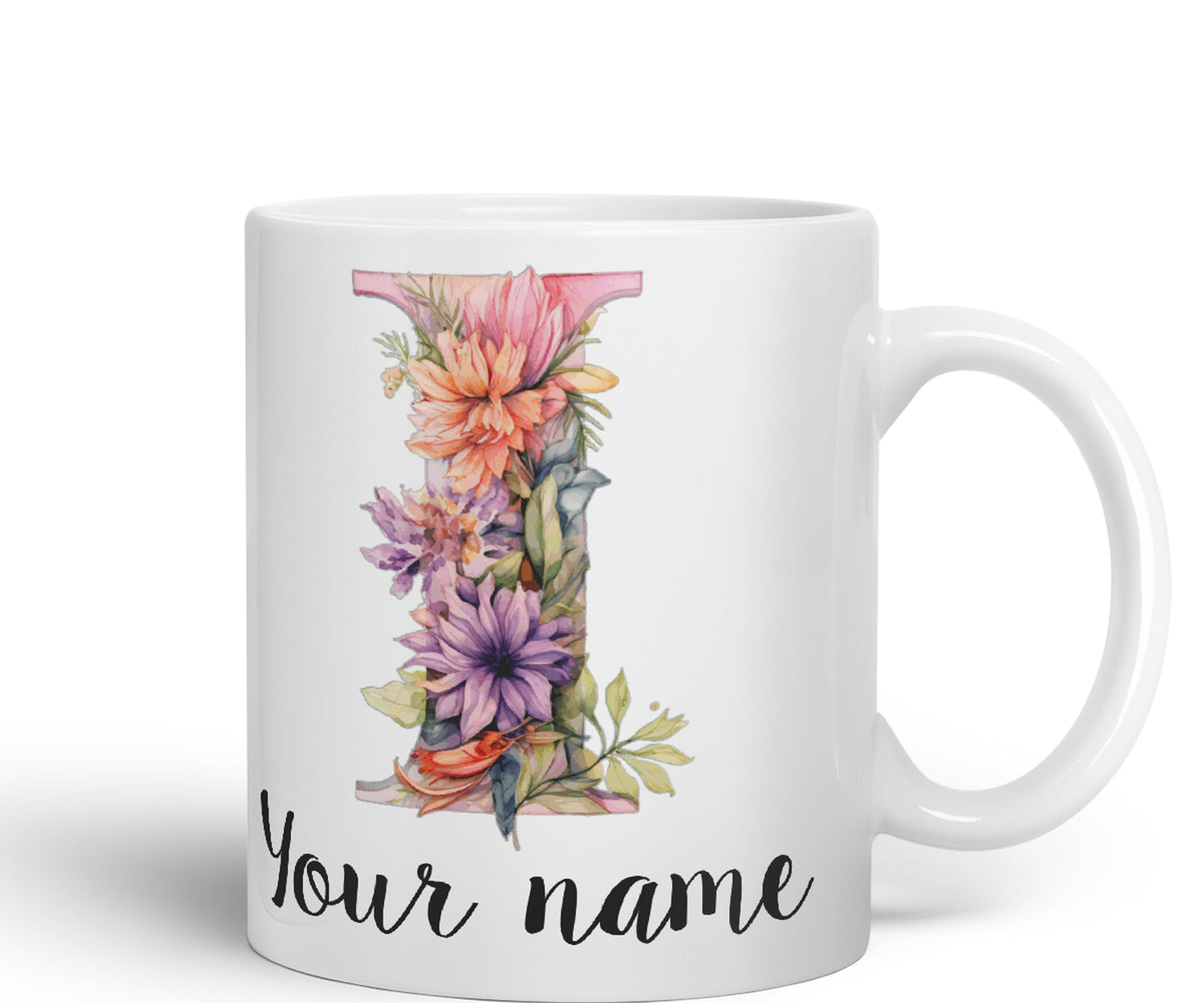 Personalised Letter I mug, Customized Custom Floral flowers butterfly Alphabet Letter I Monogram watercolour Ceramic Coloured Mug Cup for Tea Coffee Hot brew 330ml 11Oz Gift