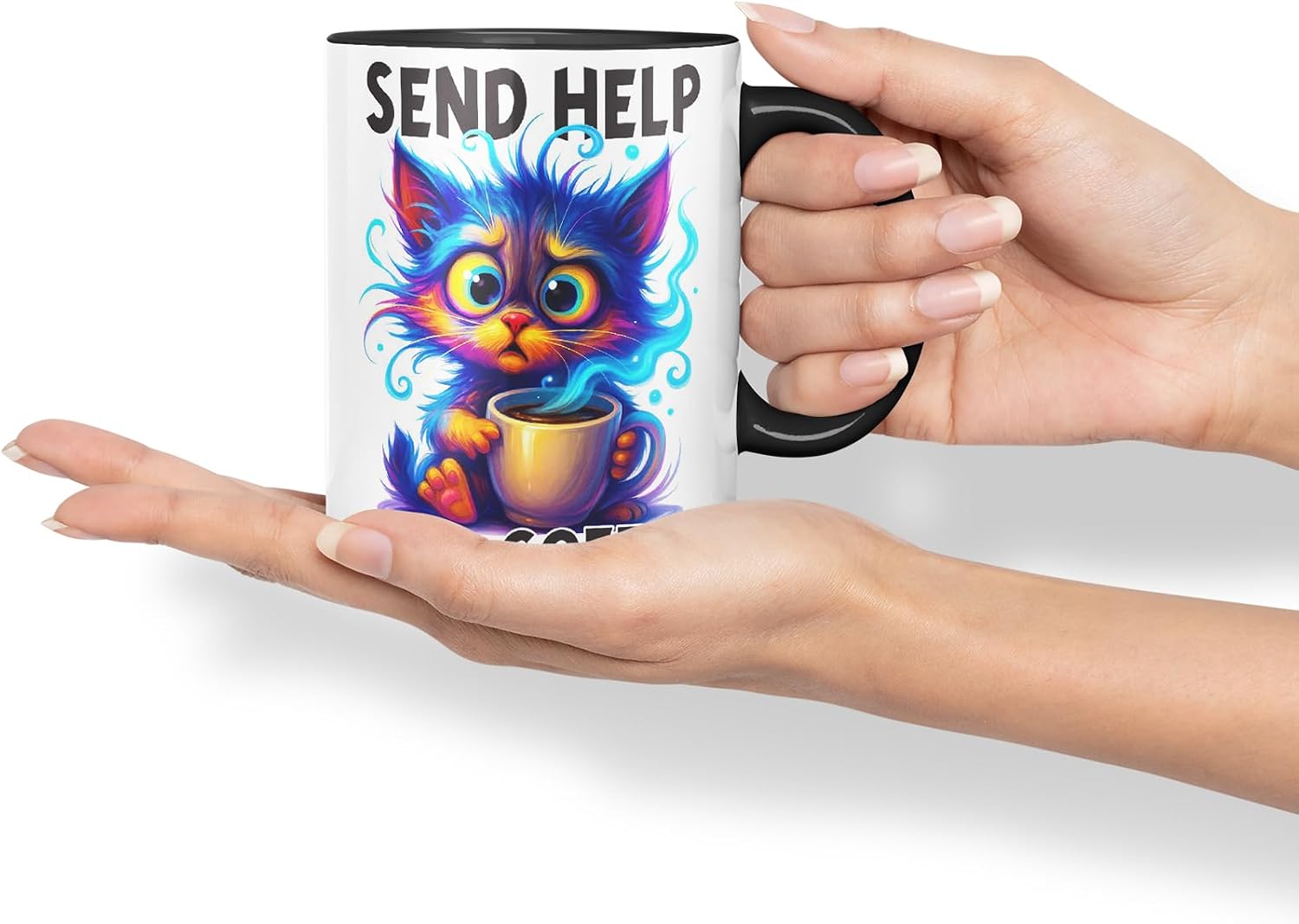 Vixar Send Help and Coffee Funny Cat Coffee Mug – Coloured Ceramic Mug Cup Gift, 11oz (Black)