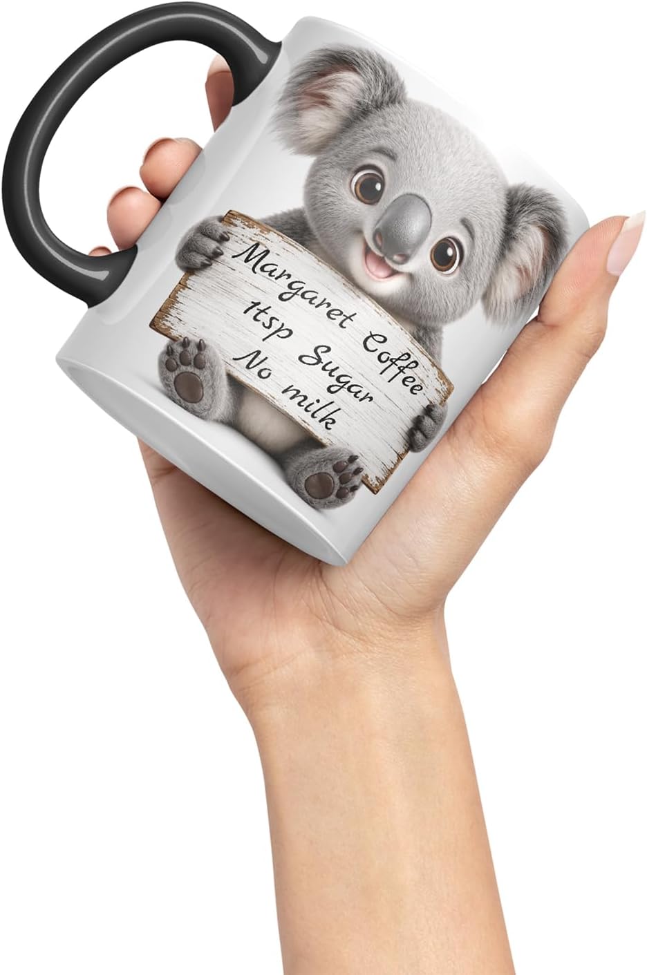 Vixar Personalised Koala Mug with Name or Custom Message – Cute Animal Coloured Ceramic Mug Cup Gift, 11oz (Black)