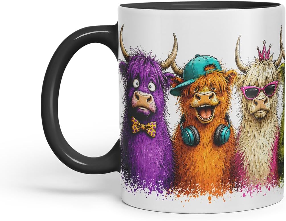 Vixar Highland Cow Mug – Cute Scottish Cow Animal Coloured Ceramic Mug Cup Gift, 11oz (Black)