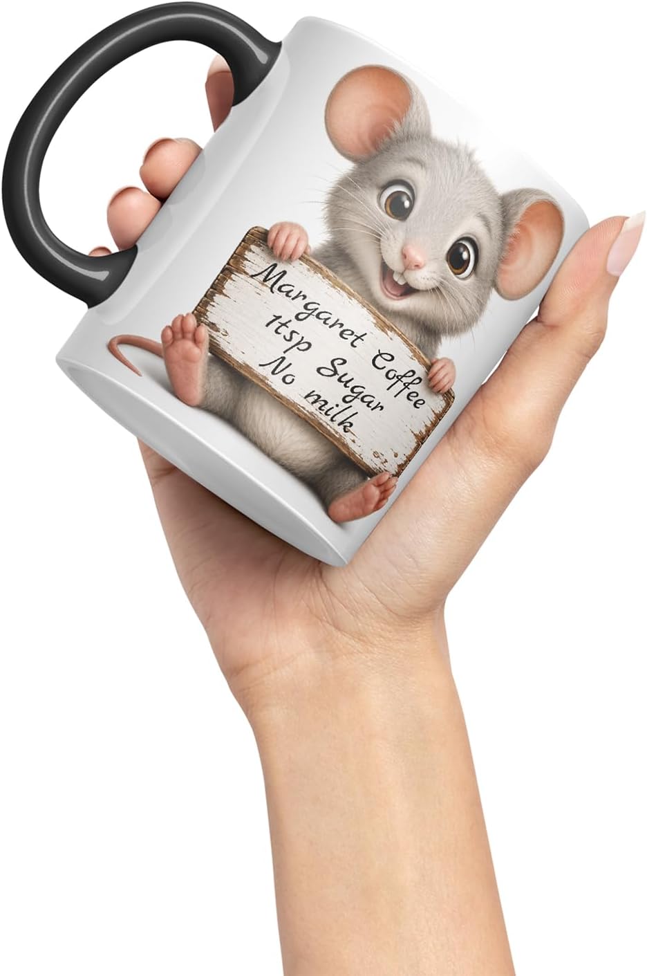 Vixar Personalised Mouse Mug with Name or Custom Message – Cute Animal Coloured Ceramic Mug Cup Gift, 11oz (Black)