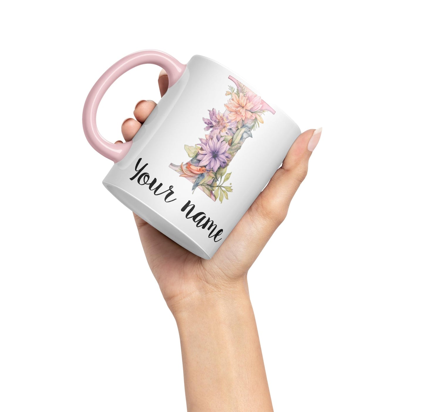 Personalised Letter I mug, Customized Custom Floral flowers butterfly Alphabet Letter I Monogram watercolour Ceramic Coloured Mug Cup for Tea Coffee Hot brew 330ml 11Oz Gift