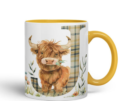 Vixar Highland Cow Alphabet Monogram Coloured Ceramic Cup Mug – Letter J – Rustic Farmhouse Animal Letter Gift – 11oz (Black)