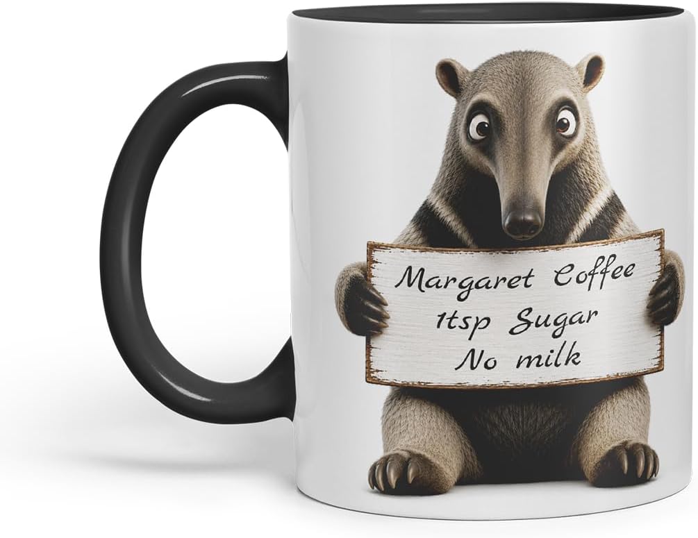 Vixar Personalised Anteater Mug with Name or Custom Message – Cute Animal Coloured Ceramic Mug Cup Gift, 11oz (Black)