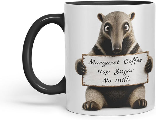 Vixar Personalised Anteater Mug with Name or Custom Message – Cute Animal Coloured Ceramic Mug Cup Gift, 11oz (Black)