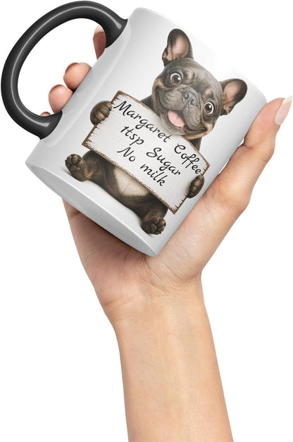 Vixar Personalised French Bulldog Dog Pet Mug with Name or Custom Message – Cute Animal Coloured Ceramic Mug Cup Gift, 11oz (Black)