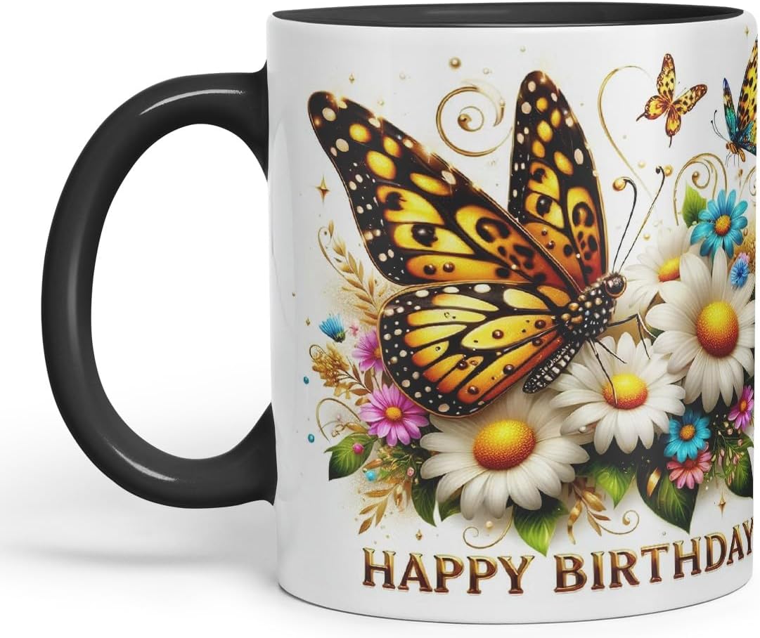 Vixar Happy Birthday Golden Butterfly Daisies Coloured Ceramic Mug Cup Gift 11oz V9 (Black)