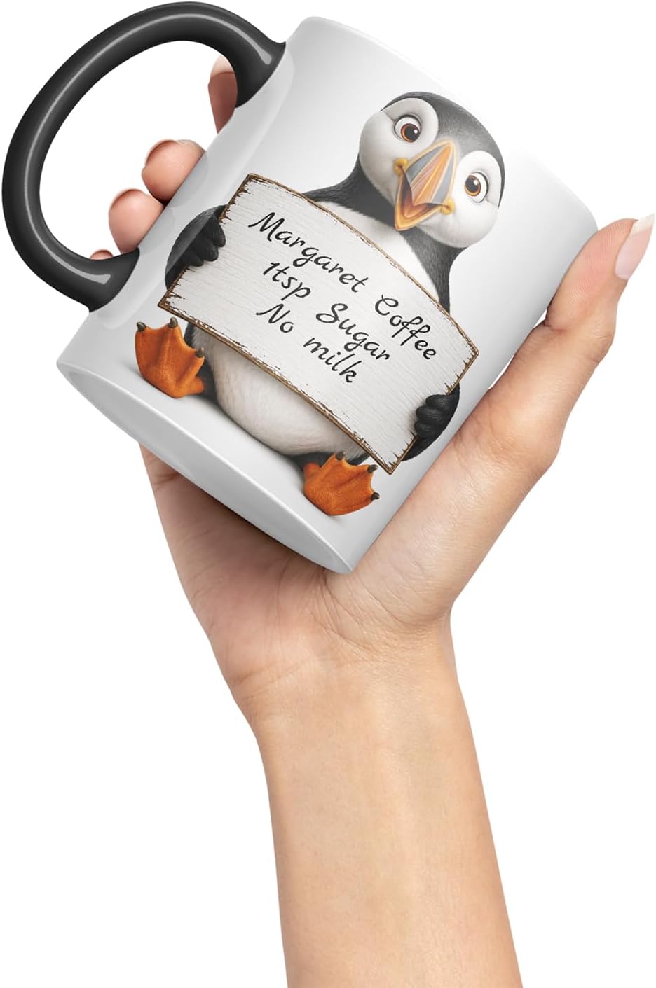 Vixar Personalised Puffin Mug with Name or Custom Message – Cute Animal Coloured Ceramic Mug Cup Gift, 11oz (Black)