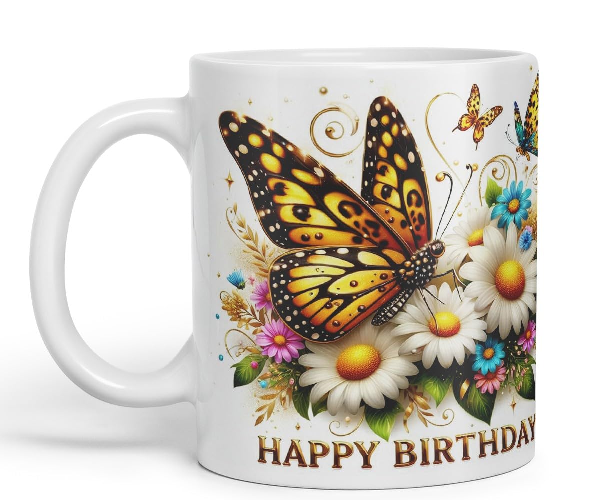 Vixar Happy Birthday Golden Butterfly Daisies Coloured Ceramic Mug Cup Gift 11oz V9 (Black)