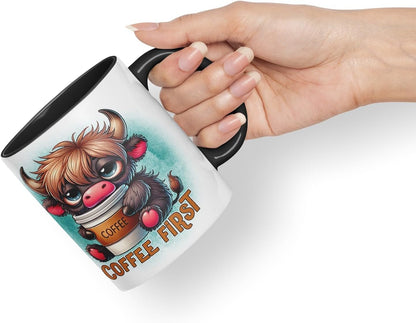 Vixar Coffee First Highland Cow Coloured Ceramic Mug Cup Gift for Coffee Lovers 11oz (Black)