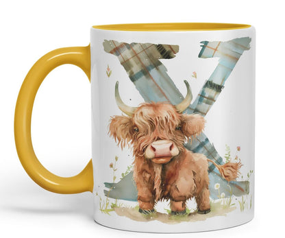 Vixar Highland Cow Alphabet Monogram Coloured Ceramic Cup Mug – Letter X – Rustic Farmhouse Animal Letter Gift – 11oz (Black)