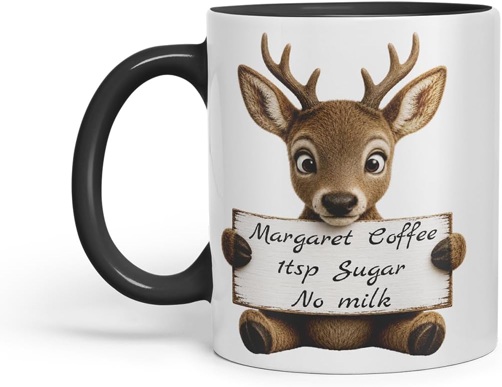 Vixar Personalised Deer Mug with Name or Custom Message – Cute Animal Coloured Ceramic Mug Cup Gift, 11oz (Black)