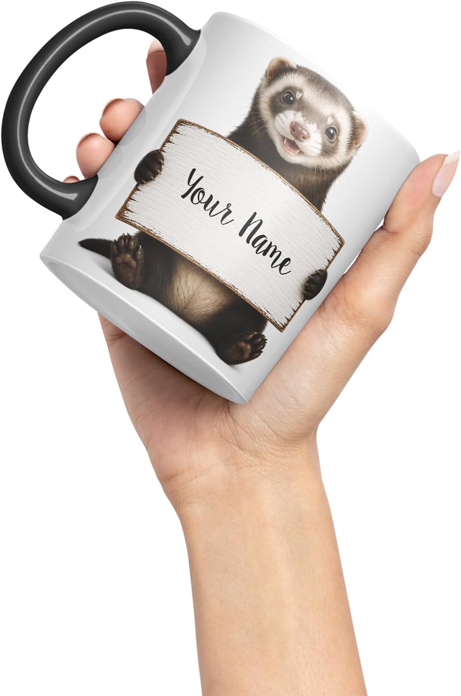Vixar Personalised Ferret Mug with Name or Custom Message – Cute Animal Coloured Ceramic Mug Cup Gift, 11oz (Black)