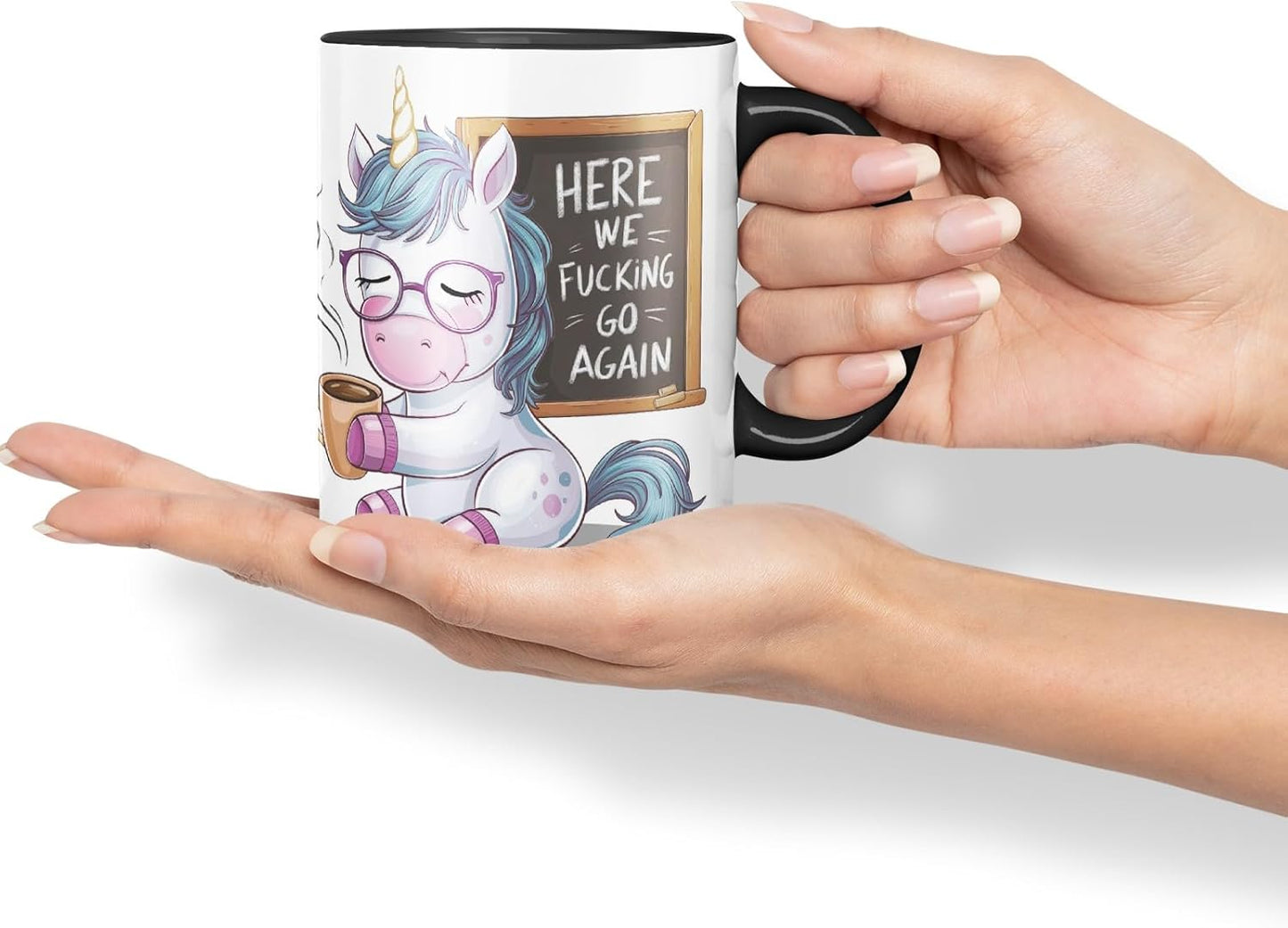 Vixar Here We F*cking Go Again – Coloured Ceramic Mug Cup Gift, 11oz (Black)