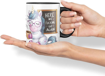 Vixar Here We F*cking Go Again – Coloured Ceramic Mug Cup Gift, 11oz (Black)