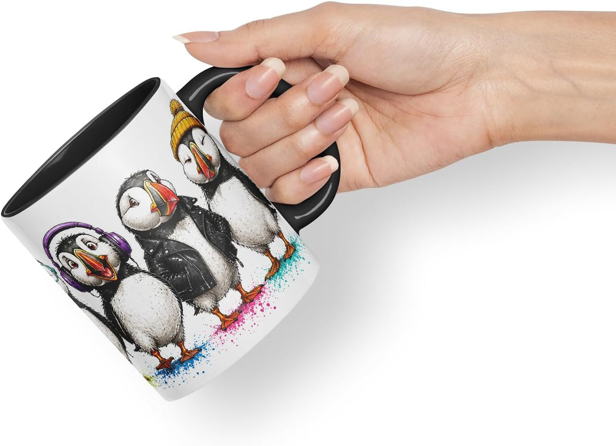 Vixar Cute Puffin Bird Mug – Cute Puffin Bird Coloured Ceramic Mug Cup Gift, 11oz (Black)