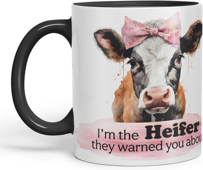 Vixar I’m The Heifer They Warned You About Cow Joke Coloured Ceramic Mug Cup Gift, 11oz (Black)