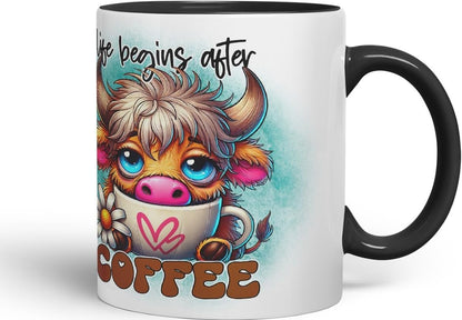 Vixar Life Begins After Coffee Highland Cow Coloured Ceramic Mug Cup Gift for Coffee Lovers 11oz (Black)