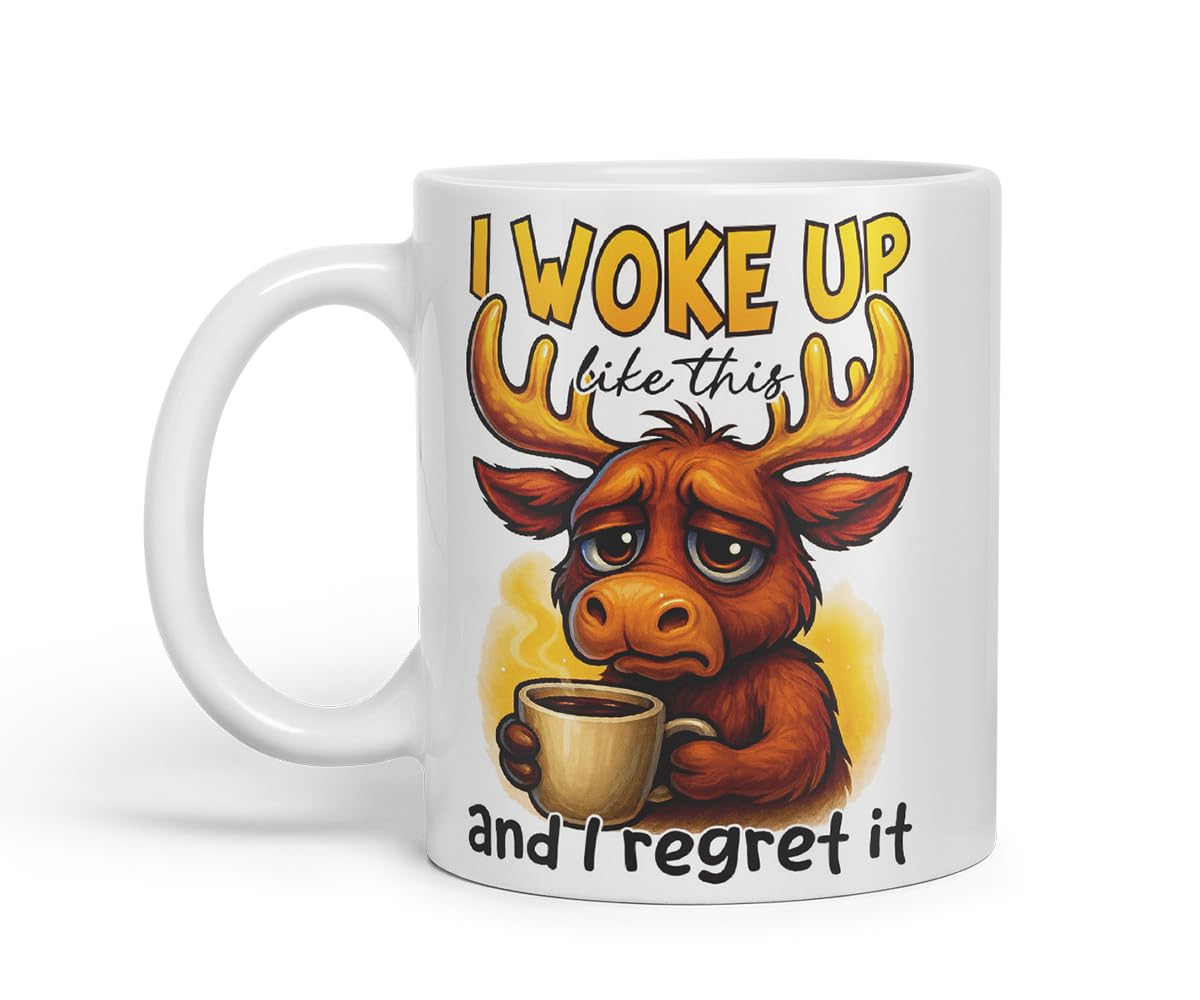 Vixar I Woke Up Like This and I Regret It Funny Moose Mug – Coloured Ceramic Mug Cup Gift, 11oz (Black)