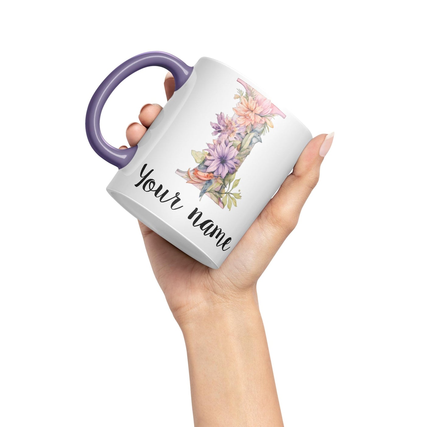 Personalised Letter I mug, Customized Custom Floral flowers butterfly Alphabet Letter I Monogram watercolour Ceramic Coloured Mug Cup for Tea Coffee Hot brew 330ml 11Oz Gift