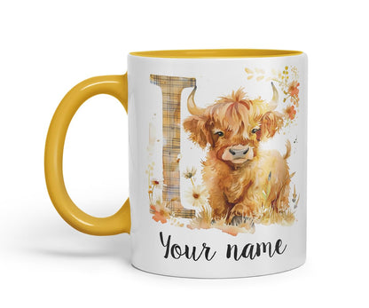Vixar Personalised Highland Cow Initial Letter I Custom Name Mug – Coloured Ceramic Mug Cup Gift, 11oz (Black)