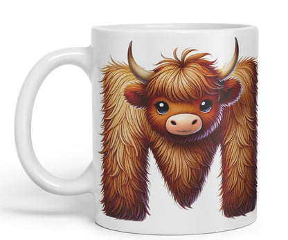 Highland Cow Alphabet Monogram Coloured Ceramic Cup Mug Letter M Rustic Farmhouse Animal Letter Gift V2 11oz (Black)