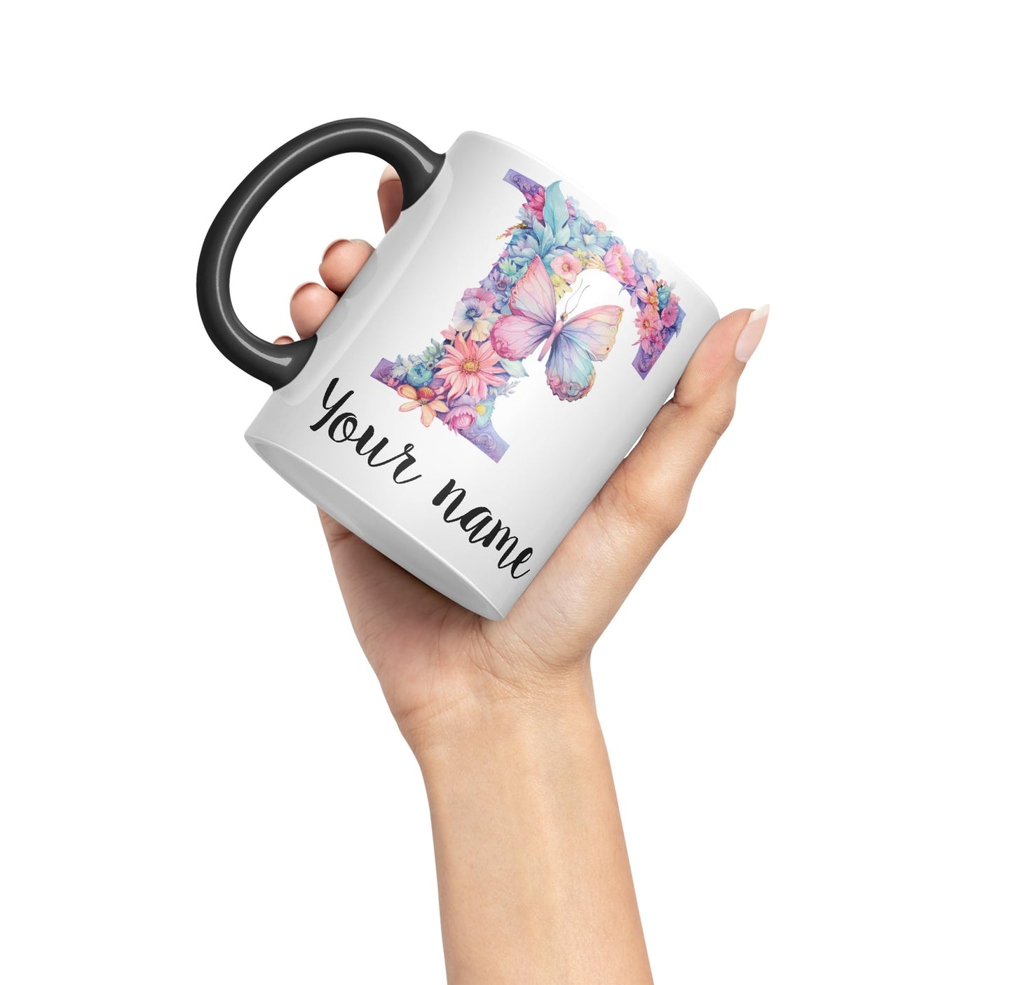 Personalised Letter F mug, Customized Custom Floral flowers butterfly Alphabet Letter F Monogram watercolour Ceramic Coloured Mug Cup for Tea Coffee Hot brew 330ml 11Oz Gift