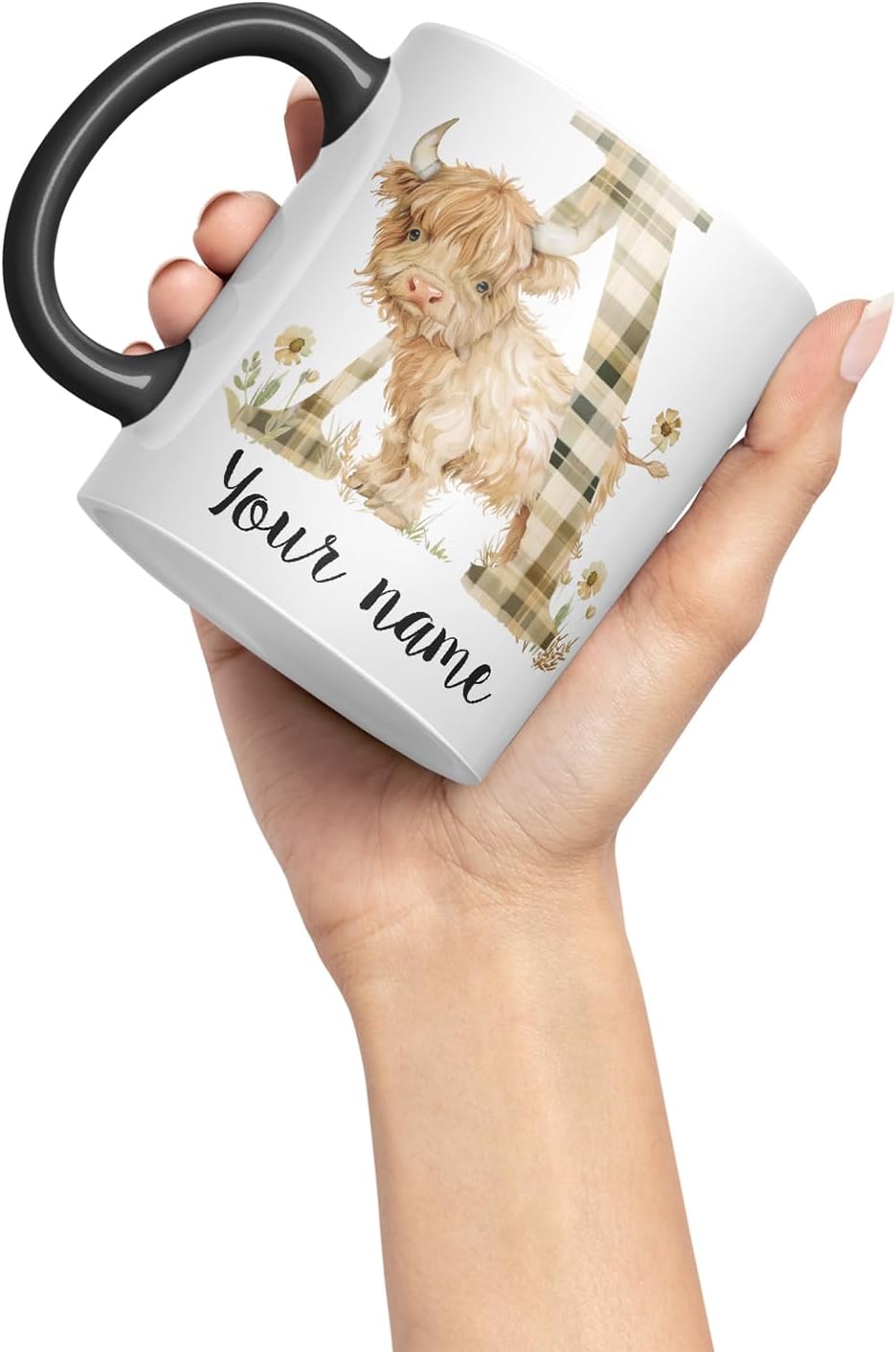 Vixar Personalised Highland Cow Initial Letter A Custom Name Mug – Coloured Ceramic Mug Cup Gift, 11oz (Black)