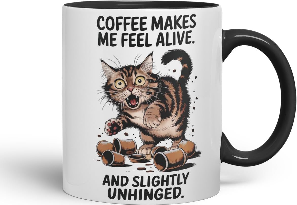 Vixar Coffee Makes Me Feel Alive and Slightly Unhinged Cat Mug – Coloured Ceramic Mug Cup Gift, 11oz (Black)