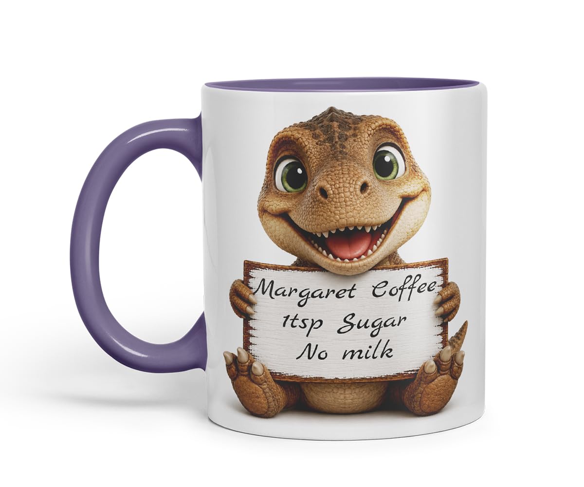Vixar Personalised T Rex Dinosaur Mug with Name or Custom Message – Cute Animal Coloured Ceramic Mug Cup Gift, 11oz (Black)