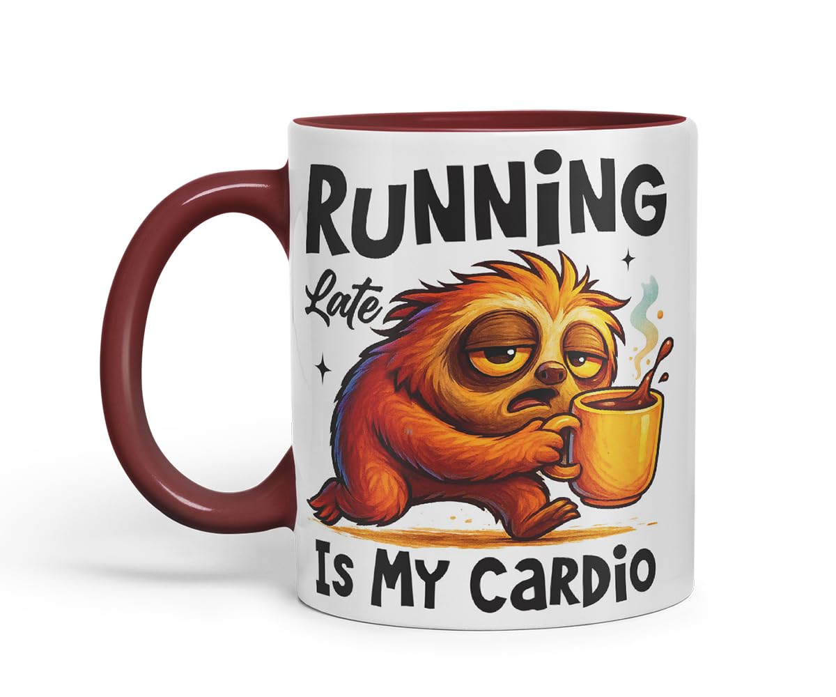 Vixar Running Late is My Cardio Funny Sloth Coffee Mug – Coloured Ceramic Mug Cup Gift, 11oz (Black)